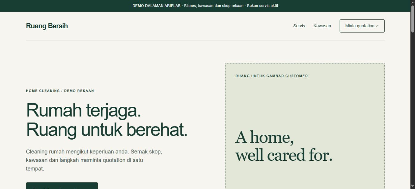 Fictional Ruang Bersih cleaning landing page, with service heading and clearly labelled photo placeholder.